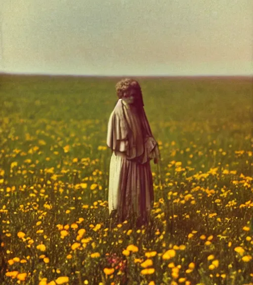 Image similar to mystical death god standing in tall meadow of flowers, distant, vintage film photo, grainy, high detail, high resolution