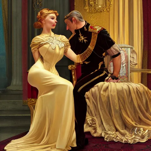 Image similar to kneeling before a condescending queen, sitting in a chair while posing for a photo, royal gown, golden detailing, medium shot, intricate, elegant, highly detailed, digital painting, volumetric light, artstation, concept art, smooth, sharp focus, illustration, art by Gil Elvgren and Greg Rutkowski and Alphonse Mucha, 8K