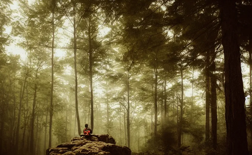 Image similar to a lonely wandering soul, resting in a forest sitting on a boulder, listening to the quiet and the breeze, smiling and looking up at the trees, by elizabeth gadd