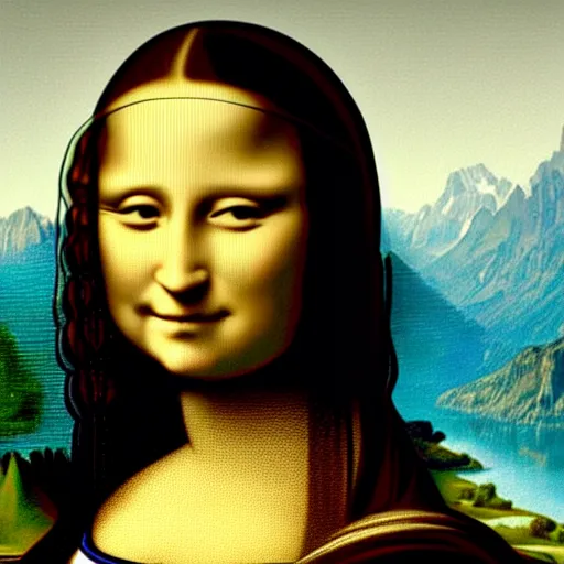 Image similar to A girl that looks like the mona lisa with beautiful switzerland landscape in the background