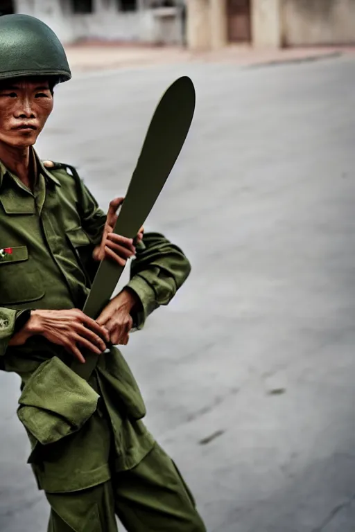 Image similar to vietnam soldier with skateboard, pulitzer award, big close up, captured by nikon d 8 5 0, 4 k, body features, face features, bokeh, proportional, object features, by daniel berehulak and adnan abidi and preston gannaway