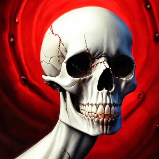 Prompt: a highly detailed skull intervowen with the background, bloodshot red real human eyes in the sockets, detailed painting, by artgerm, WLOP, Greg Rutkowski