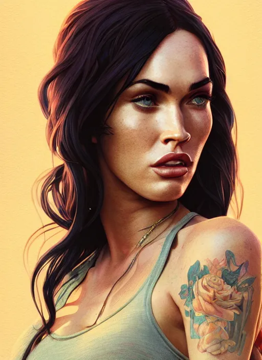 Prompt: highly detailed portrait of megan fox in gta v, stephen bliss, unreal engine, greg rutkowski, loish, rhads, beeple, makoto shinkai and lois van baarle, ilya kuvshinov, rossdraws, tom bagshaw, alphonse mucha, global illumination, god rays, detailed and intricate environment