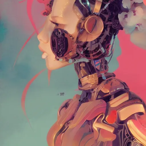 Image similar to surreal gouache painting, by yoshitaka amano, by ruan jia, by conrad roset, by kilian eng, by good smile company, detailed anime 3 d render of a pretty anime girl in bikini, portrait, cgsociety, artstation, modular patterned mechanical costume and headpiece, retrowave atmosphere