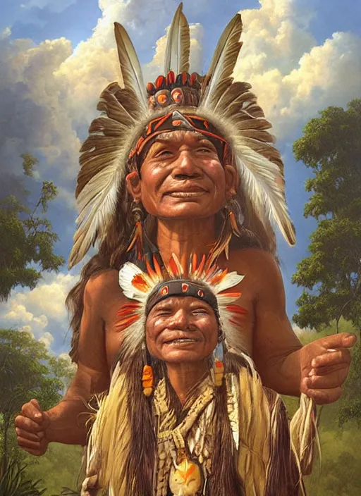 Image similar to faces of indigenous amazonian grandfathers and grandmothers spirits in the clouds, smiling, protection, benevolence, ancestors, detailed faces, art by christophe vacher