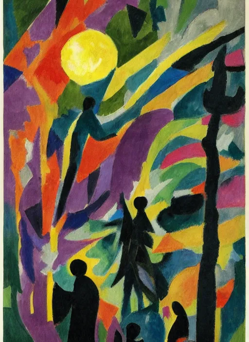 Prompt: silhouetted figures in the night enshrouded in an impressionist representation of Mother Nature and the meaning of life by Sonia Delaunay and Igor Scherbakov, the figures cast their shadows on the still water, abstract colorful lake garden at night, the moon reflects in the water, thick visible brush strokes, figure painting by Anthony Cudahy and Rae Klein, vintage postcard illustration, minimalist cover art by Mitchell Hooks