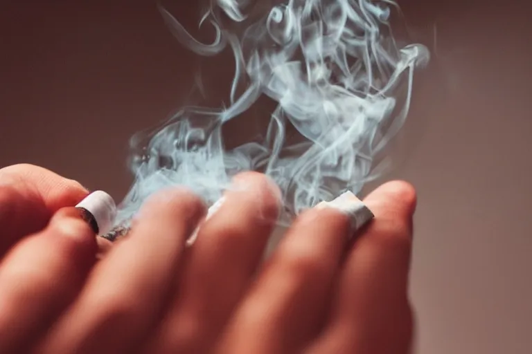 Image similar to A photo of thin soft hand holding cigarette with smoke, hyper realistic