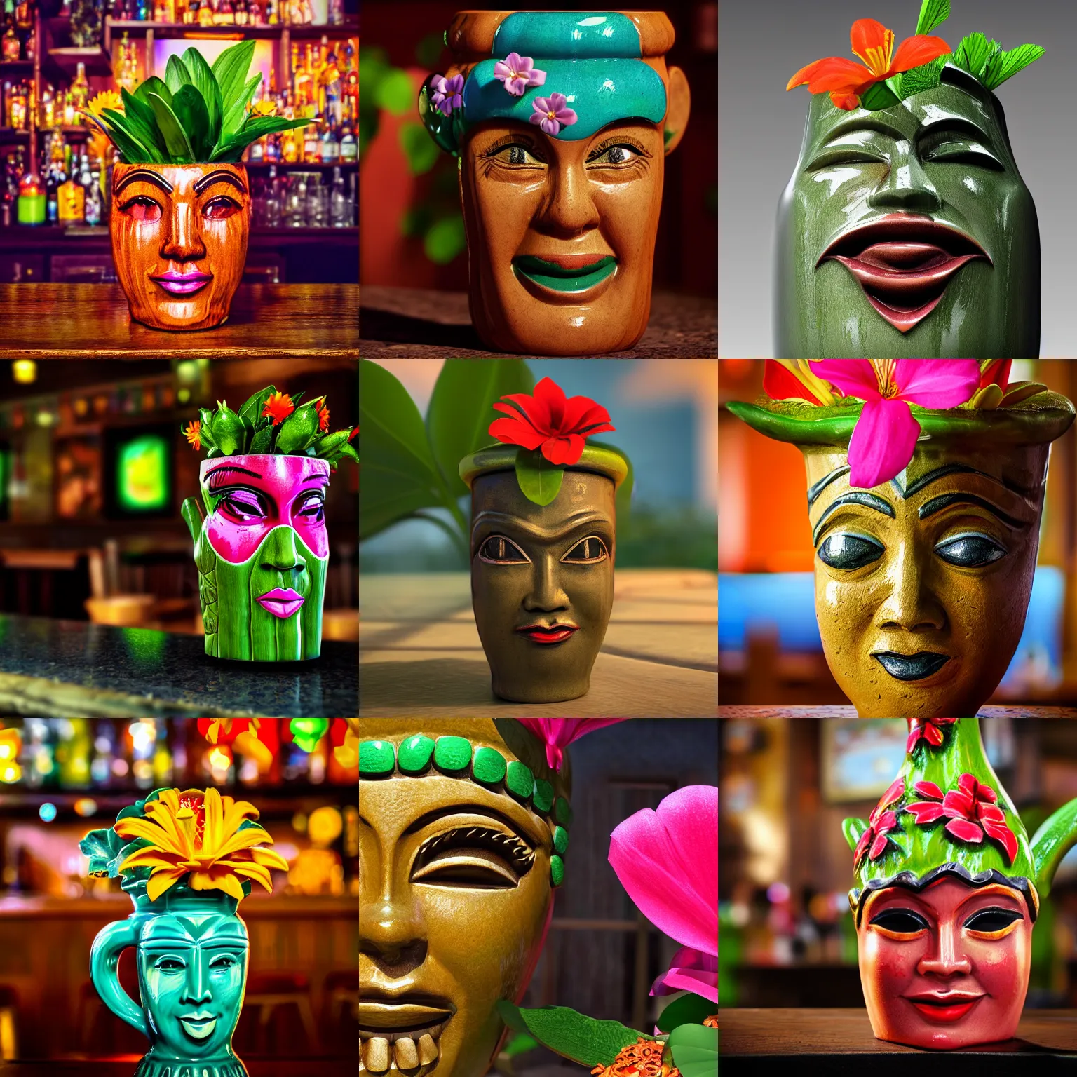 Prompt: a closeup photorealistic photograph of a flower style tiki mug sitting at a oasis vic's bar featuring flower woman's face. tiki theme. bright scene. fine detail. this 4 k hd image is trending on artstation, featured on behance, well - rendered, extra crisp, features intricate detail, epic composition and the style of unreal engine.