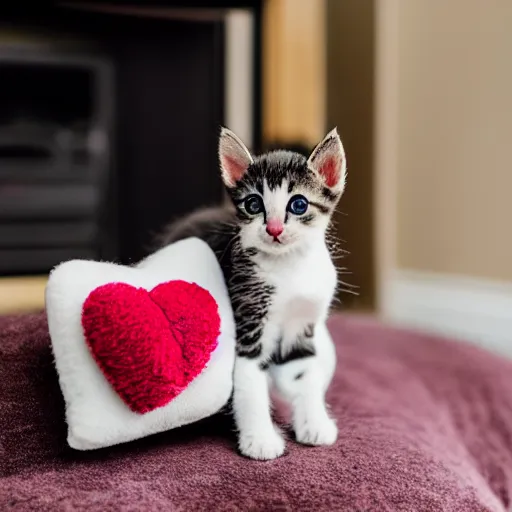 Image similar to A cute little kitten sits on the top of a plush heart-shaped pillow near fireplace, Canon EOS R3, f/1.4, ISO 200, 1/160s, 8K, RAW, unedited, symmetrical balance, in-frame