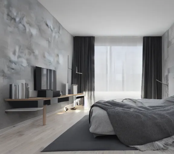 Image similar to brutalist black mansion luxury bedroom interior design minimalist organic, organic architecture furniture open space high quality octane render blender 8 k