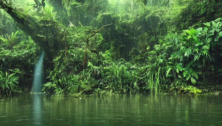 Image similar to a rainy foggy jungle, river with low hanging plants, there is a giant christal in the water, it is glowing, great photography, ambient light