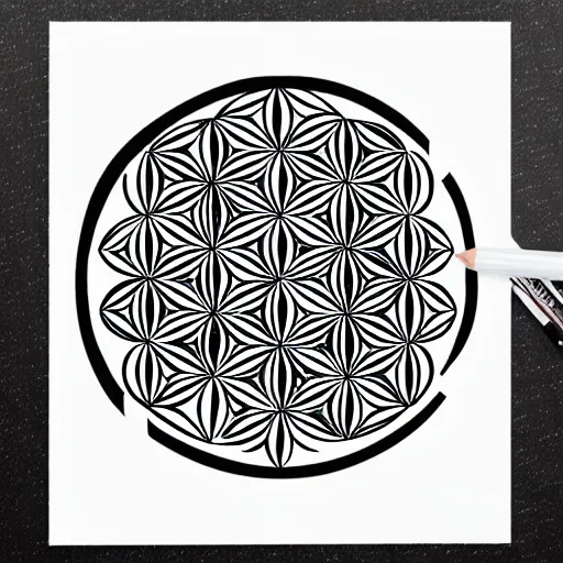 Image similar to ' flower of life'geometry concept drawing plan in black ink line - art