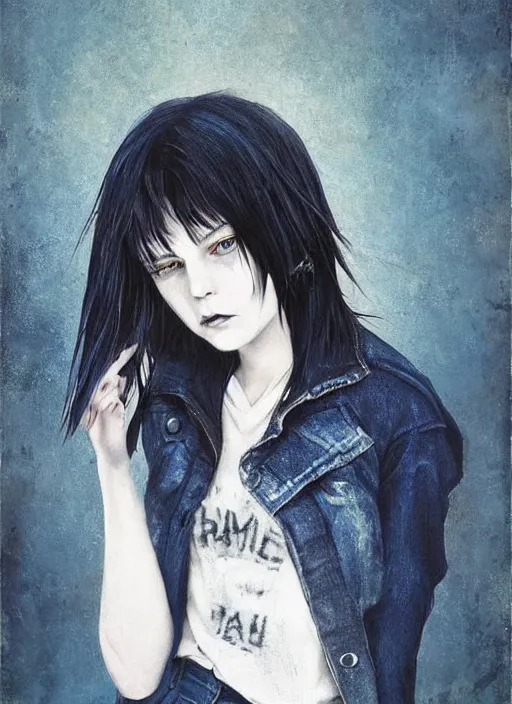 Image similar to medium shot, grunge style, nice pale twelve years old girl witch with midnight blue hair, messy dyed in midnight blue bob cut hairstyle, amber oval eyes, grunge clothes, jeans, high boots, dynamic pose, digital art, highly detailed, sharp focus, digital painting, artwork by Rutkowsky, by Victor Adame Minguez by Yuumei by Tom Lovell by Sandro Botticelli