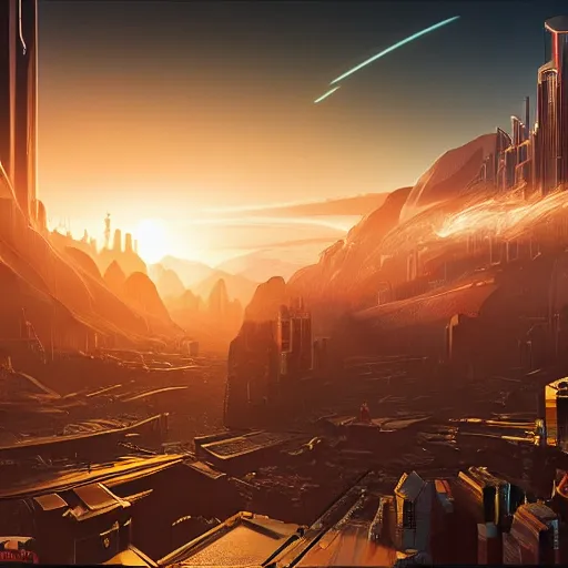 Image similar to beautiful sunset over detailed cyberpunk city in a valley surrounded by epic mountains with snowtops, sharp, highly detailed, hyperrealistic, kacper niepokolczycki, syd mead, 4 k, perfect geometry