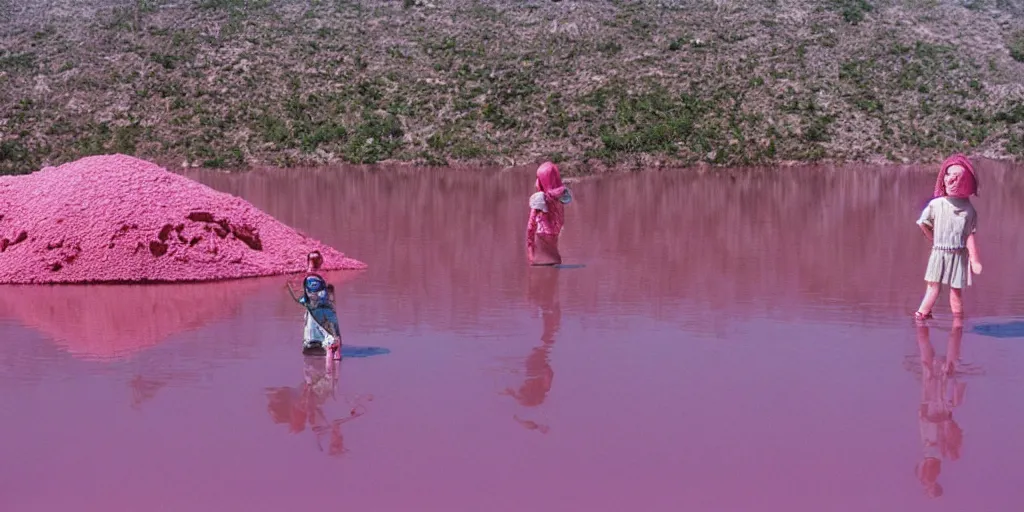 Image similar to 3 5 mm photography of kids wearing a codex seraphinianus costume in a pink lake h 1 2 0 0