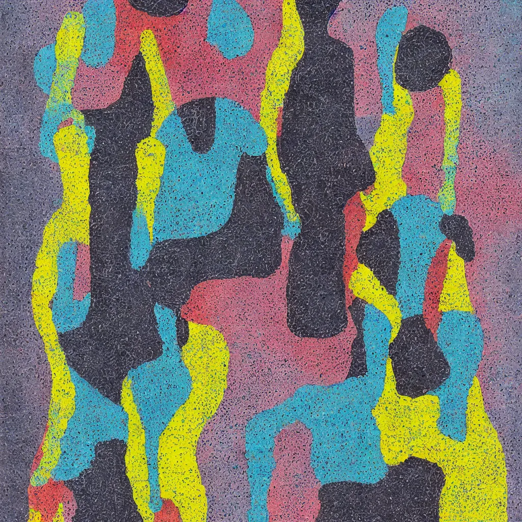 Image similar to two human figures anxiety, smiling, abstract, maya bloch artwork, ivan plusch artwork, cryptic, lines, stipple, dots, abstract, geometry, splotch, concrete, color tearing, uranium, acrylic, hints of color, pitch bending, faceless people, dark, ominous, eerie, minimal, points, technical, painting