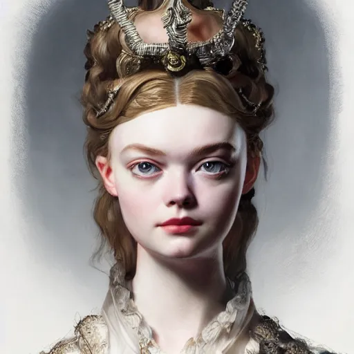 Prompt: leyendecker and peter paul rubens, head and shoulders portrait of a elle fanning in bloodborne, unreal engine, fantasy art by global illumination, radiant light, detailed and intricate environment