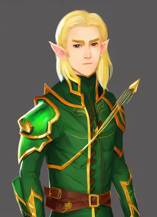 Image similar to Half-body portrait of a handsome blonde elven ranger in green and gold jacket with a crossbow. In style of Hyung-tae Kim, concept art, trending on ArtStation, Korean MMORPG.