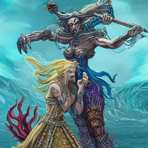 Image similar to sea witch battling a sea god, d & d style, trending on artstation, colorful, intricate, art by aurore folny