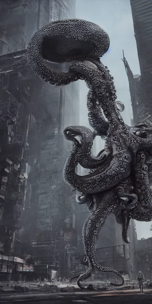 Image similar to hyperrealism, detailed textures, photorealistic 3 d cyberpunk octopus in apocalyptic city, futuristic clothing and helmet, ultra realistic, cinematic, intricate, cinematic light, unreal engine 8 k