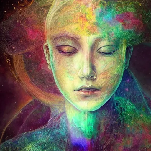 Image similar to beautiful detailed artistic portrait of a person travelling between different astral planes. reality is more than you think. grainy and rough. fine detail. soft colour scheme. artistic painting by lurid ( 2 0 2 2 ). featured on deviantart.