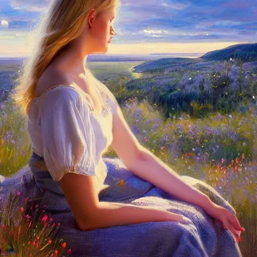 Image similar to blonde woman watching over the swedish countryside, archipelago, night, masterpiece, highly detailed, beautiful, atmospheric, impressionism, painting by Vladimir Volegov