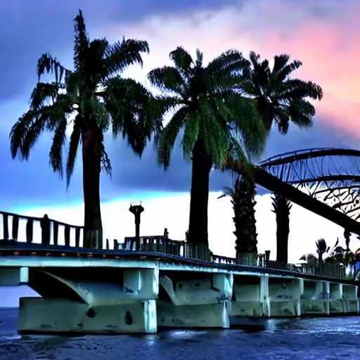 Image similar to blue hour, mostly cloudy sky, palm trees, bridge, curved bridge, dusk, 2 4 0 p footage, 2 0 0 6 youtube video