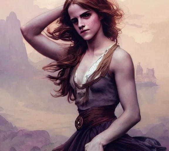 Image similar to photography emma watson with hands - up and hairy armpits, deep focus, intricate, elegant, highly detailed, digital painting, artstation, concept art, matte, sharp focus, illustration, art by artgerm and greg rutkowski and alphonse mucha and gil elvgren