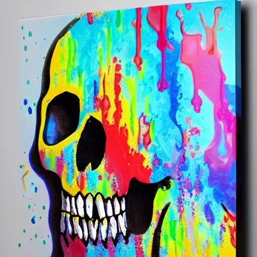 Image similar to drippy, dripping paint, skull, trippy, happy, miyazaki style, exaggerated accents