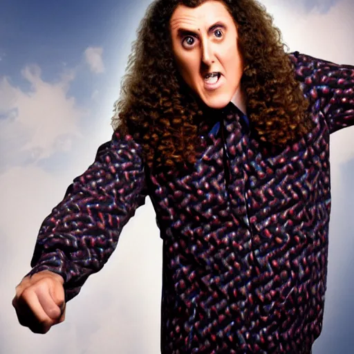 Image similar to weird al pointing at the word “gullible” on the ceiling