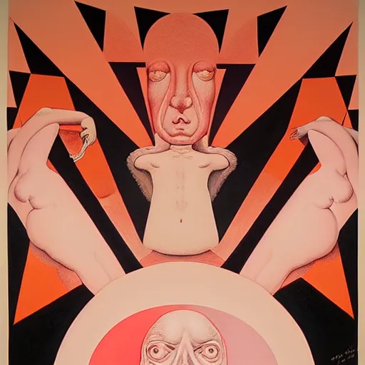 Image similar to pink and orange lithography on paper conceptual figurative ( post - morden ) monumental dynamic portrait drawn by ( ( ( william blake ) ) ) and goya and hogarth, inspired by escher, illusion surreal art, highly conceptual figurative art, intricate detailed illustration, controversial poster art, polish poster art, geometrical drawings, no blur