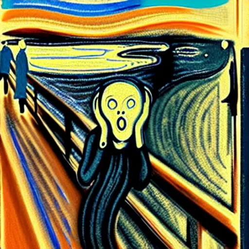 Image similar to the scream with a hat and raining on top of a hill