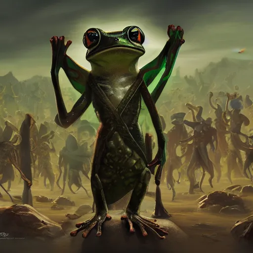 Image similar to a frog wizard standing on two legs, surrounded by an army of frog magicians, concept art, matte painting, trending artstation, 8k