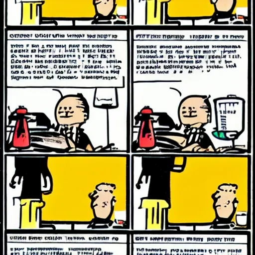 Prompt: new york times comic strip, disgruntled man at work holding up a coffee mug