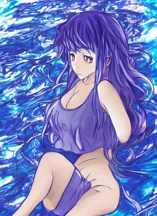 Prompt: a woman with blue hair sitting in the water, an anime drawing by yuumei, featured on pixiv, rayonism, pixiv, seapunk, anime