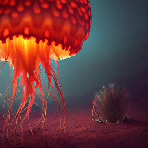 Image similar to creature jellyfish in a desert lush vegetation, warm tones, night, water reflection, bioluminescent translucent : : by michal karcz, daniel merriam, victo ngai and guillermo del toro : : ornate, dynamic, particulate, intricate, elegant, highly detailed, centered, artstation, smooth, sharp focus, octane render, 3 d