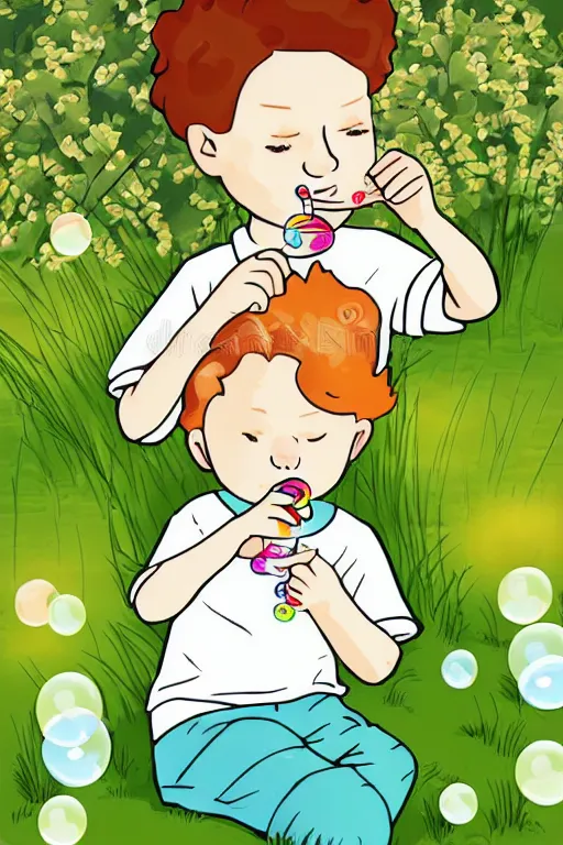 Image similar to a little boy with ginger hair blowing bubbles in a garden. clean elegant simple illustration, beautiful detailed face.