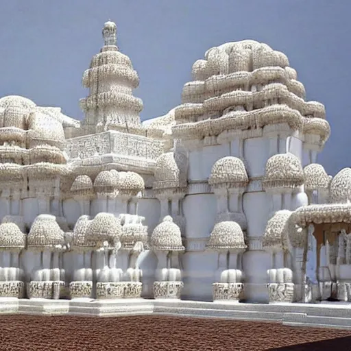 Prompt: an ancient white fantasy indian temple made of mushroom