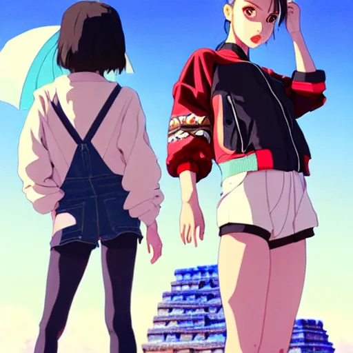 Image similar to a beautiful boyish natalie portman gravure model, wearing oversized mayan bomber jacket and leotard with overalls, bulky poofy bomber jacket with mesoamerican patterns, mesoamerican street fashion, gapmoe yandere grimdark, trending on pixiv fanbox, painted by greg rutkowski makoto shinkai takashi takeuchi studio ghibli, akihiko yoshida