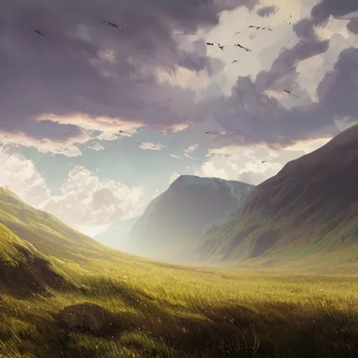 Prompt: concept art painting of a high moorland marsh above a mountainous forest, realistic, detailed, cel shaded, in the style of makoto shinkai and greg rutkowski and james gurney