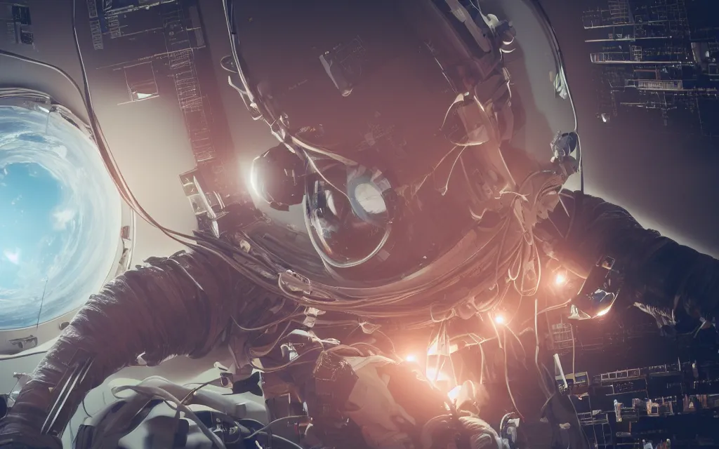 Prompt: astronaut connected by a lot of cables to a supercomputer designed by Dieter Rams, cinematic lighting, haze, octane render, lens flare