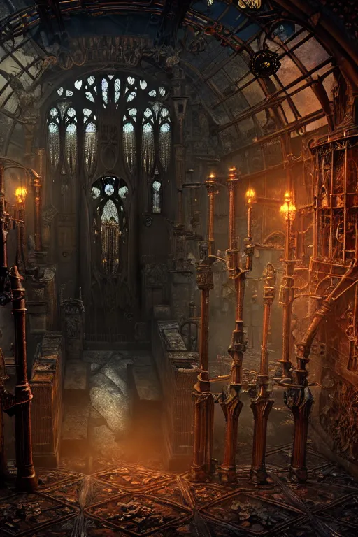 Image similar to steam necropolis, memento mori, gothic, neo - gothic, art nouveau, hyperdetailed copper patina medieval icon, stefan morrell, philippe druillet, ralph mcquarrie, concept art, steampunk, unreal engine, detailed intricate environment, octane render, moody atmospherics, volumetric lighting, ultrasharp, ominous, unearthly