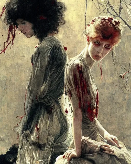 Image similar to two gorgeous but creepy, sinister siblings in layers of fear, with haunted eyes and wild hair, 1 9 7 0 s, seventies, wallpaper, a little blood, moonlight showing injuries, delicate embellishments, painterly, offset printing technique, by coby whitmore, jules bastien - lepage