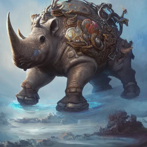 Prompt: an aetherpunk magical rhinoceros, forward facing angle, character design, art by Tooth Wu and justin gerard and Blizzard studios, post-processing, extremely hyperdetailed, intricate complexity, epic composition, masterpiece, trending on artstation