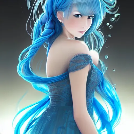 Prompt: 3D advanced digital art, a very cute and gorgeous anime woman wearing a dress made of water , full body, very long wavy azure blue hair, braided hair, azure blue watery eyes, full round face, cinematic lighting, mid-shot, highly detailed, trending on pixiv, Steven Artgerm Lau, WLOP, RossDraws, RuanJia , James Jean, Andrei Riabovitchev, Totorrl, Marc Simonetti, Visual Key, and Sakimichan