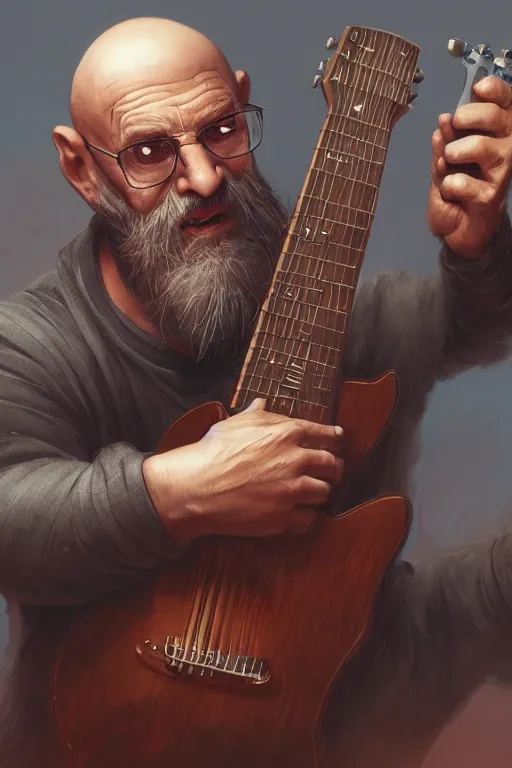 Image similar to a grumpy bald man with a long grey beard playing the guitar, black clothing, 3 d render, hyper - realistic detailed portrait, fantasy, magic the gathering, hyper detailed, octane render, concept art, peter andrew jones, frank frazetta, dan mumford, magali villeneuve