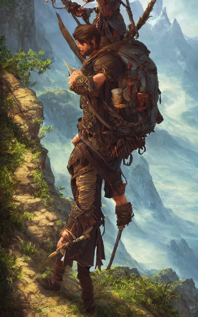 Prompt: an oil art painting of young handsome fool adventurer with adventurer hiking backpack, grim gwent card, gipsy mage adventurer character design from inquisition, climbing up a cliffside, 4 k, ultra detail, volumetric lighting, unreal engine, octane render, by tom bagshaw, artgerm