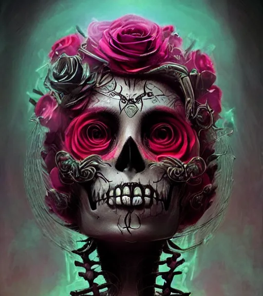 Image similar to a chaotic goddess of death skeleton as a heroine, intricate, elegant skull black rose s day of the dead atmospheric, dramatic, Trending on artstation. augmentations and cybernetic enhancements neon circuits, greg rutkowski , hyperrealist, cinema4D, 8k highly detailed