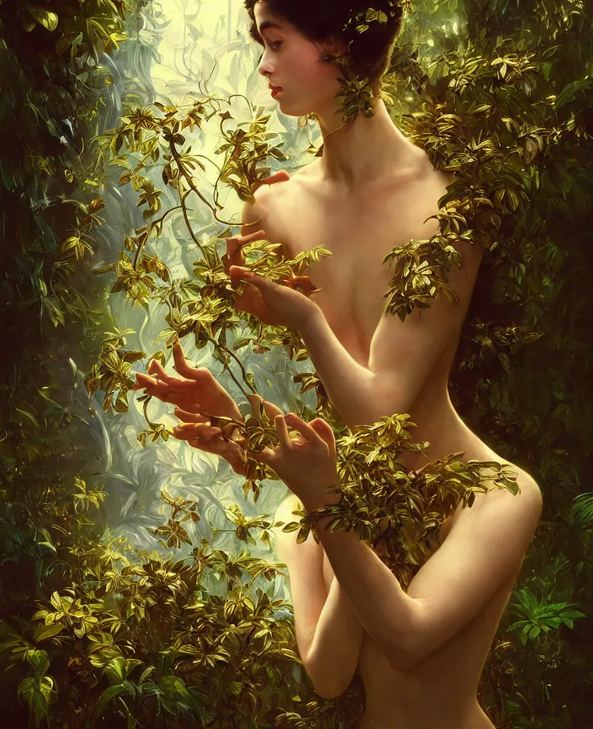 Image similar to hyper realistic photographer looking through a vintage medium format camera, magic pouring from lens, full body pose, design on white background, beautiful details, lush foliage cyberpunk, gold, drawn by john singer sargent, tom bagshaw, norman rockwell, alphonso mucha, lolish, trending on artstation