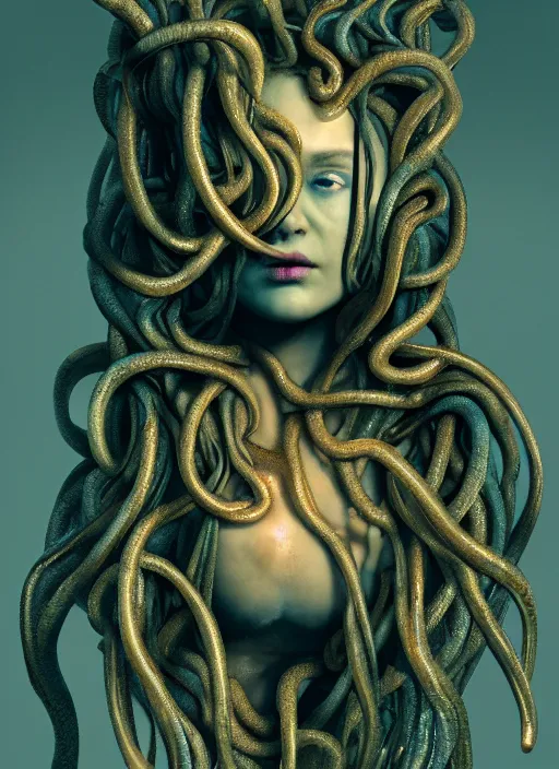 Image similar to subsurface scattering, medusa made of soft wax by giger, cgsociety, translucent, wooden art nouveau swirls, colored smoke, gold cables, electricity, tubes, in the style of ruan jia and beeple, mystical colors, back light, rim light, dramatic lighting, 8 k, stunning scene, raytracing, octane render